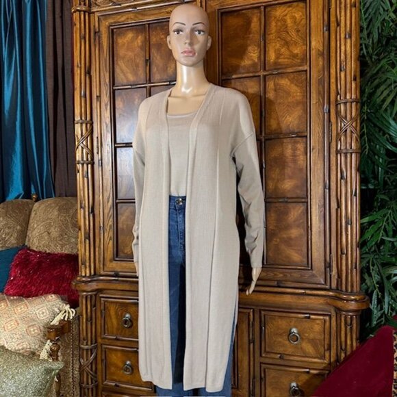 Marla Wynne Taupe Ribbed Inserts High Side Slits Cardigan - Picture 2 of 16